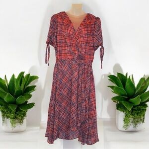 Tommy Hilfiger Midi Faux Wrap Chiffon Dress | Size 18W | Red & Blue Tilted Check